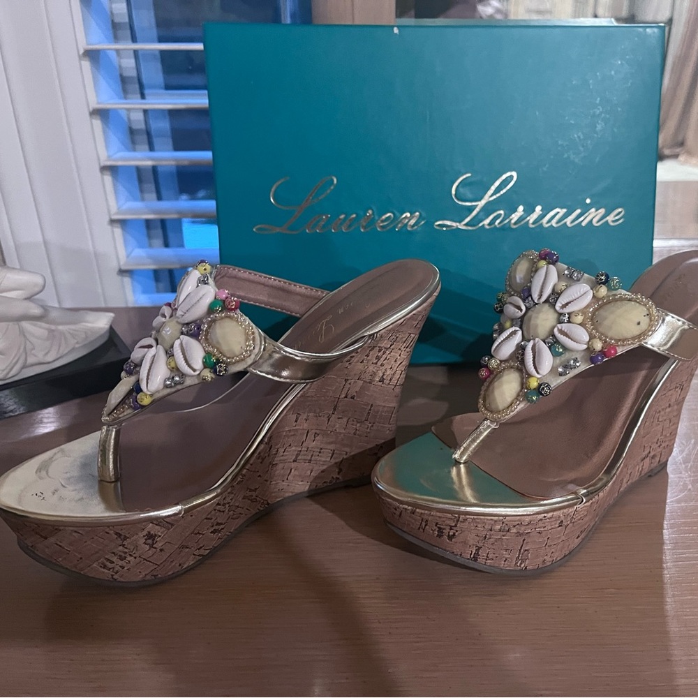 Lauren Lorraine shell embellished wedges. Cream.  Size 6. Original price $85.